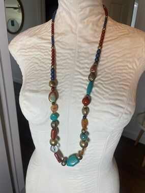 Mango Long Beaded Necklace in Turquoise, Red & Gold boho chic